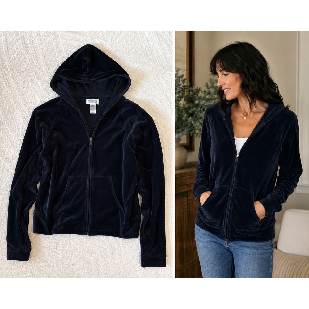 Pendleton Womens Black Velour Full Zip Hoodie Sweatshirt Size M Pockets Y2k cozy
